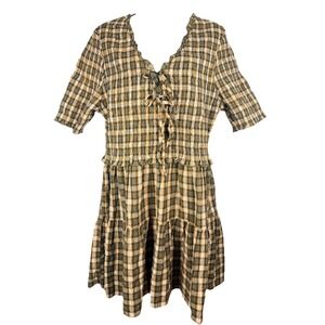 American Eagle Milkmaid‎ Prairie Plaid Mini Dress Puff Sleeve Tie Front XL Boho